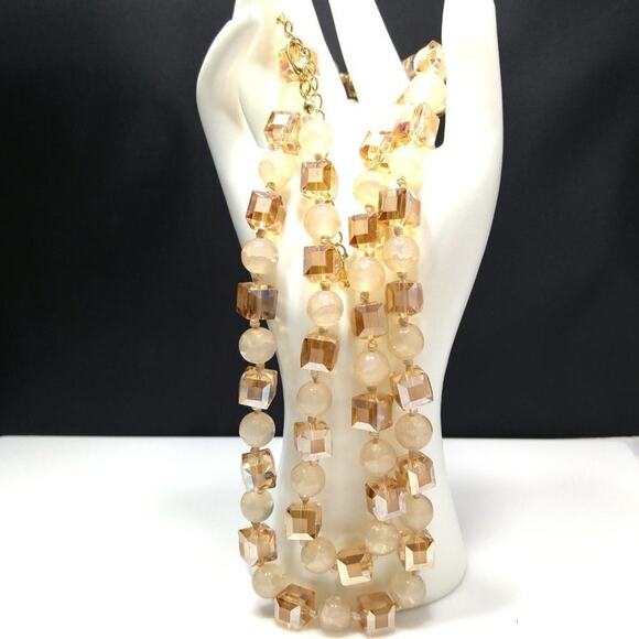 Square Crystal Light Topaz Crackle Glass Beaded Long Necklace, 40" Hand-knotted - Picture 6 of 10